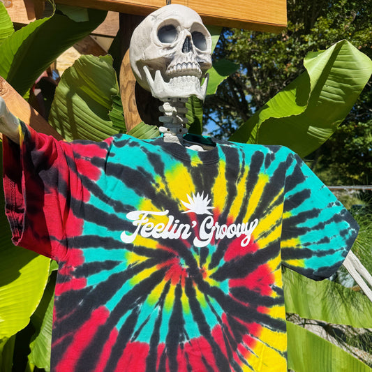 Tie-dye shirt with 'Feelin' Groovy' text worn by a skeleton against a natural background